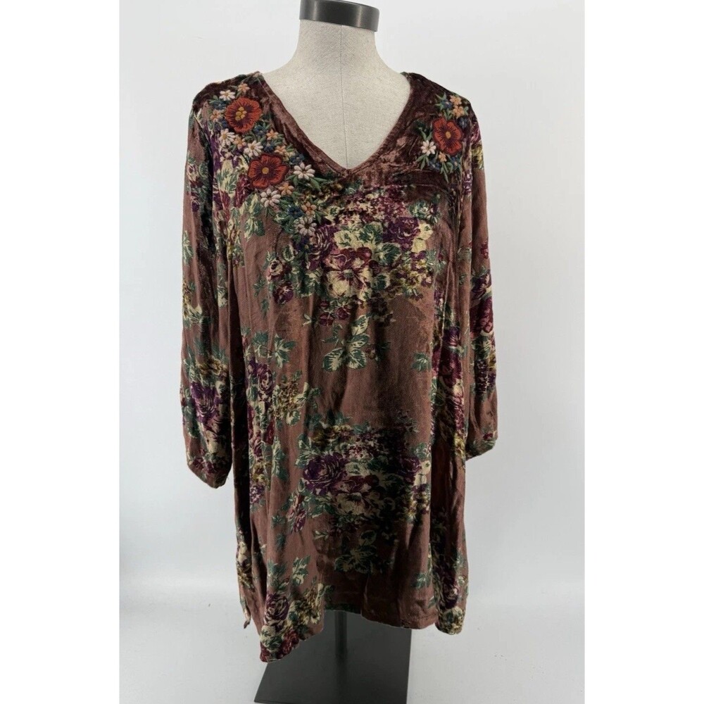 April Cornell Velvet Embroidered Neckline Loose Fit Tunic Top Sz Xl Brown Boho